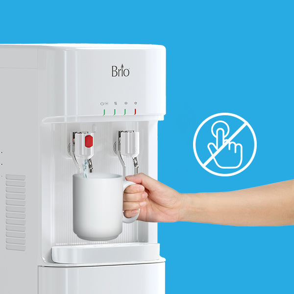 A hand holds a white mug under the spout of a white Brio water dispenser against a blue background, with a no-touch icon displayed beside the machine.